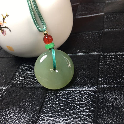 Natural Hetian Jade Ping An Kou Pendant Necklace | Jade Necklace with Green Beads | Feng Shui Symbol of Peace and Safety