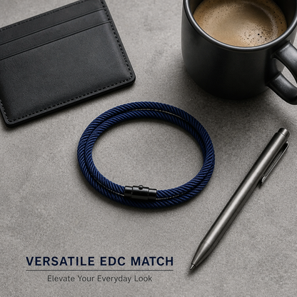 Men's Double Wrap Bracelet Navy Blue Milan Rope Cord Wristband Matte Black Alloy Magnetic Clasp Unisex Minimalist Surf Beach Nautical Jewelry Layering Cuff