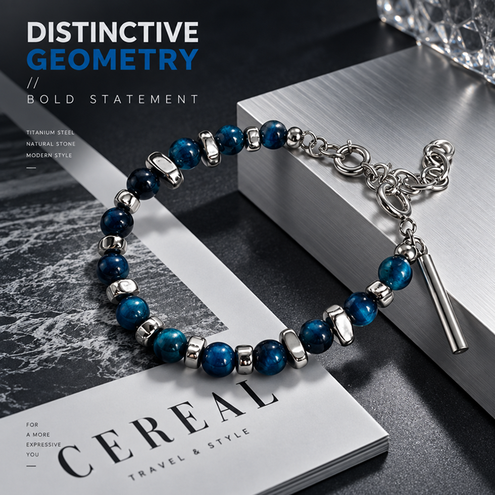 men's blue bead bracelet with silver-tone spacers and adjustable chain