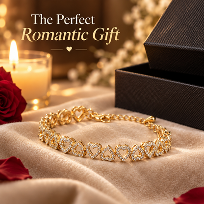 Heart Link Bracelet for Women, Gold-Tone Brass with Zircon Stones, Alternating Open Heart Design, Adjustable 6.69 Inch Length with 2 Inch Extender and Lobster Clasp, Sparkling Jewelry for Daily Wear, Date Nights, Weddings, Birthdays and Anniversary G