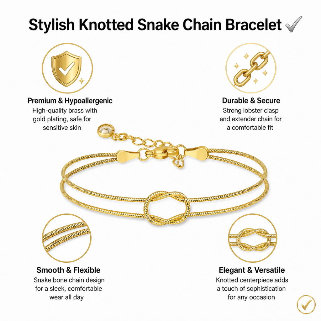 elegant tarnish resistant brass layered snake chain bracelet high polish infinitesimal love knot adjustable comfort fit smooth fluid bone link wristband premium romantic charm