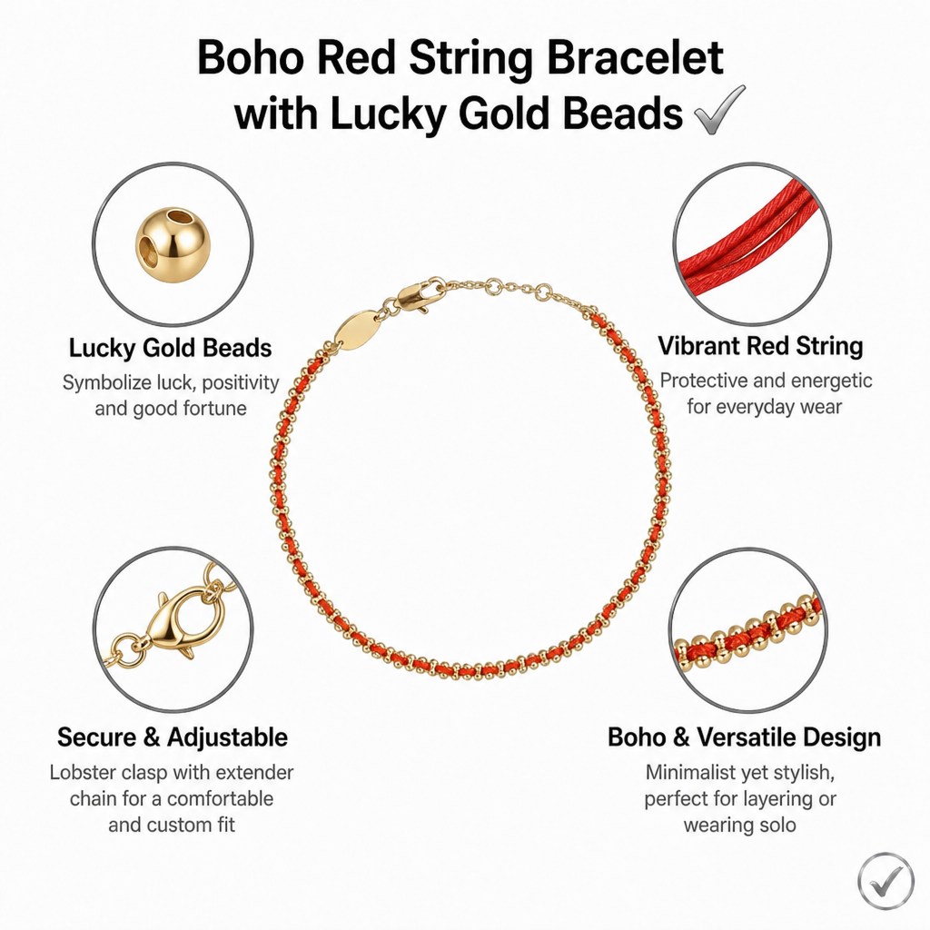 boho red string bracelet - lucky gold bead rope gift for women, handcrafted minimalist design, adjustable lobster clasp, perfect for daily wear & special occasions