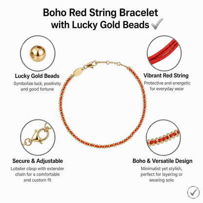 Boho Red String Bracelet - Lucky Gold Bead Rope Gift for Women, Handcrafted Minimalist Design, Adjustable Lobster Clasp, Perfect for Daily Wear & Special Occasions