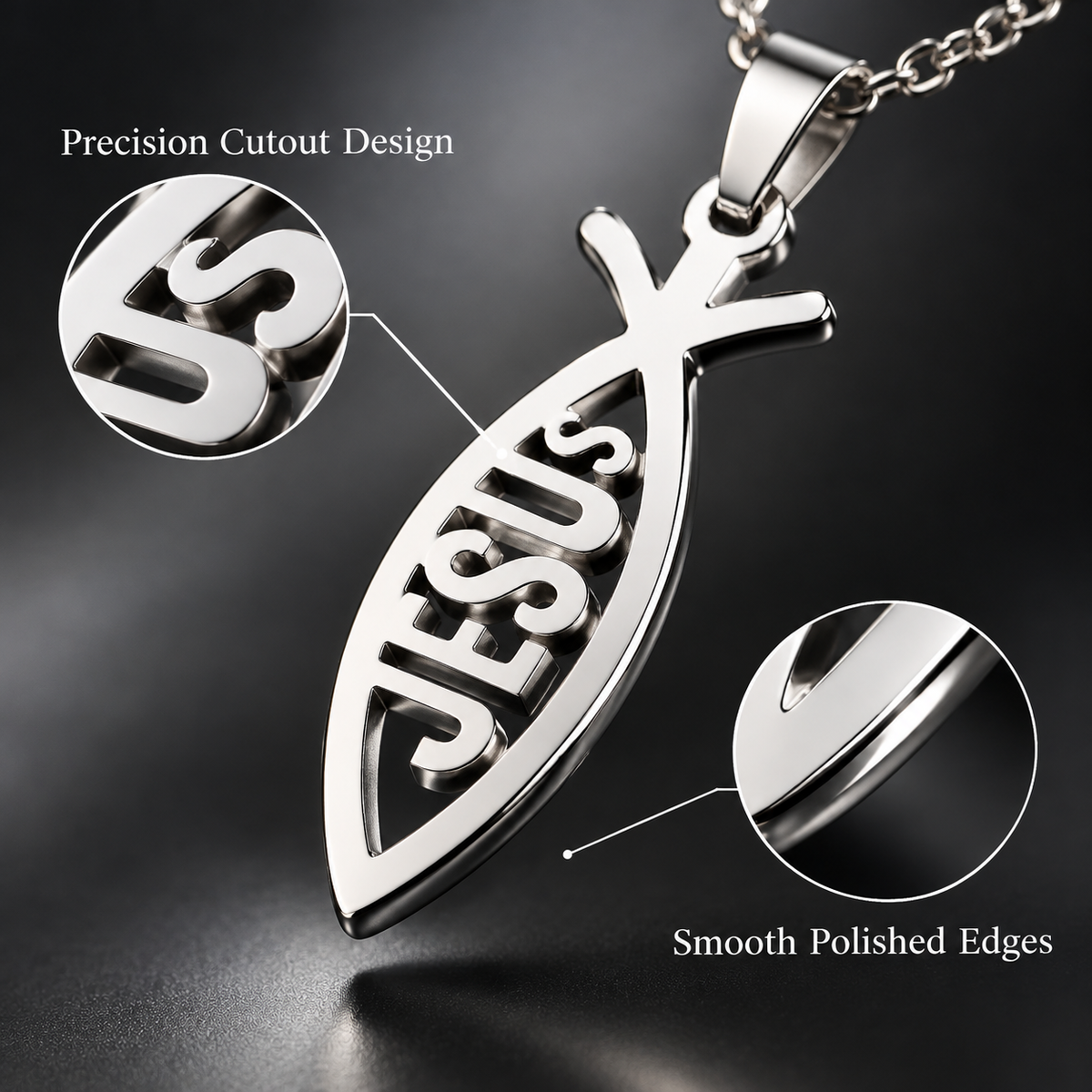 unisex stainless steel jesus fish pendant necklace with lobster clasp