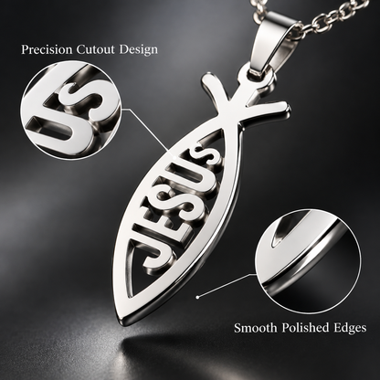 Unisex Stainless Steel Jesus Fish Pendant Necklace with Lobster Clasp