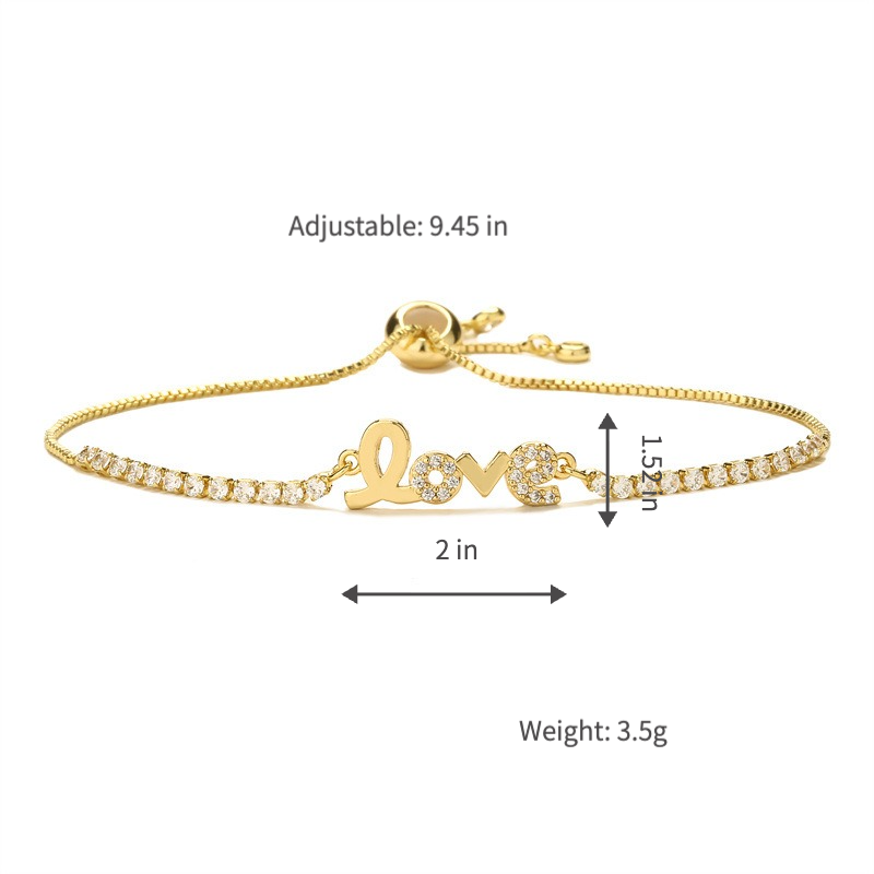 sparkling premium cubic zirconia love script nameplate bracelet tarnish resistant base skin safe hypoallergenic adjustable pull string comfort fit evening wear gift