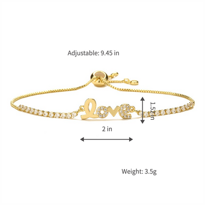 Sparkling Premium Cubic Zirconia LOVE Script Nameplate Bracelet Tarnish Resistant Base Skin Safe Hypoallergenic Adjustable Pull String Comfort Fit Evening Wear Gift