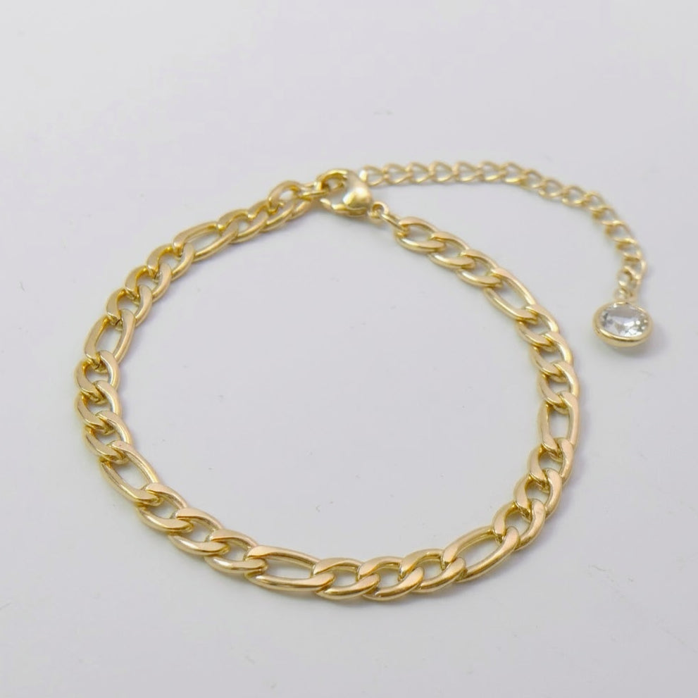 sleek tarnish resistant gold tone figaro link copper bracelet high polish classic italian style pattern adjustable comfort fit non-fading everyday waterproof hand ornament