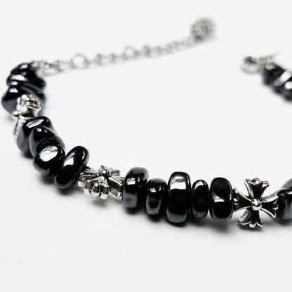 Gothic Cross Beaded Bracelet for Men Women Natural Black Hematite Stone Irregular Tumbled Beads Bracelet Y2K Hip Hop Punk Rock Wristband Retro Chrome Floral Crosses Jewelry Gif