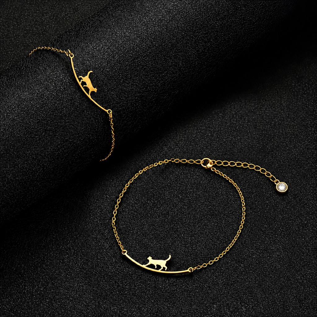 gold-tone walking cat anklet for women, electroplated brass adjustable ankle bracelet with clear accent stone, dainty summer foot jewelry
