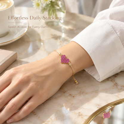 Women's Adjustable Cord Bracelet with Sparkling Pink Heart and Sliding Knot