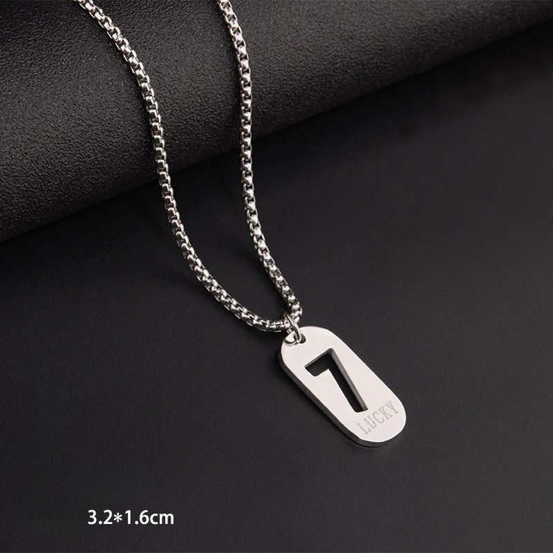 lucky number 7 pendant necklace for men women premium titanium steel dog tag nameplate hip hop punk streetwear jewelry long box chain sweater necklace gift
