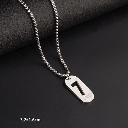 Lucky Number 7 Pendant Necklace for Men Women Premium Titanium Steel Dog Tag Nameplate Hip Hop Punk Streetwear Jewelry Long Box Chain Sweater Necklace Gift
