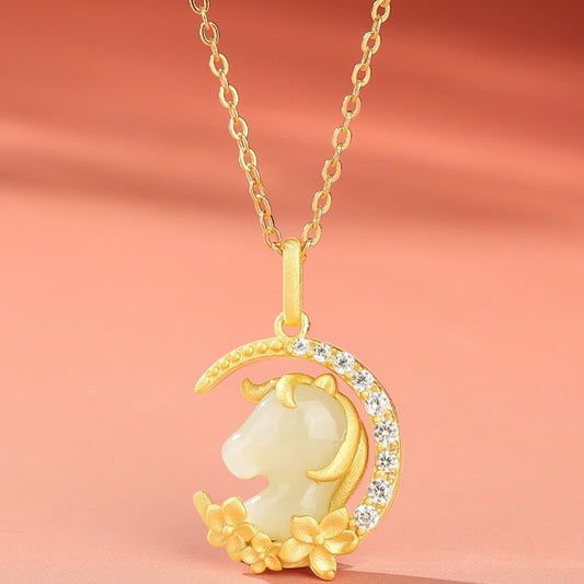 Chinese Zodiac Dream Moon Silver Jade Necklace – S925 Hetian Jade Horse Pendant for Women - STAR8S