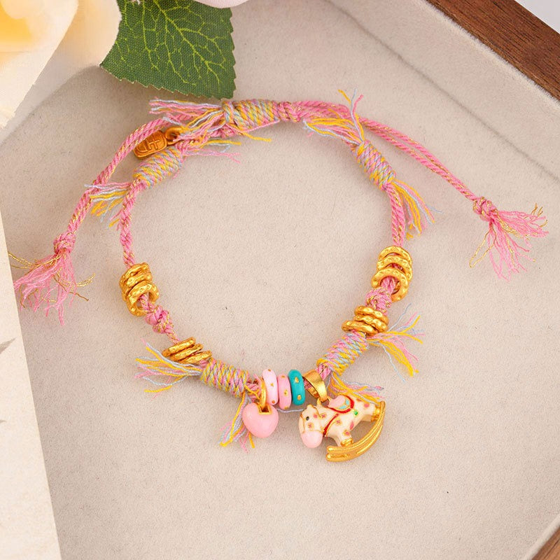 Chinese Zodiac Horse Bracelet – Handmade Pink Red String Cartoon Horse Charm - STAR8S