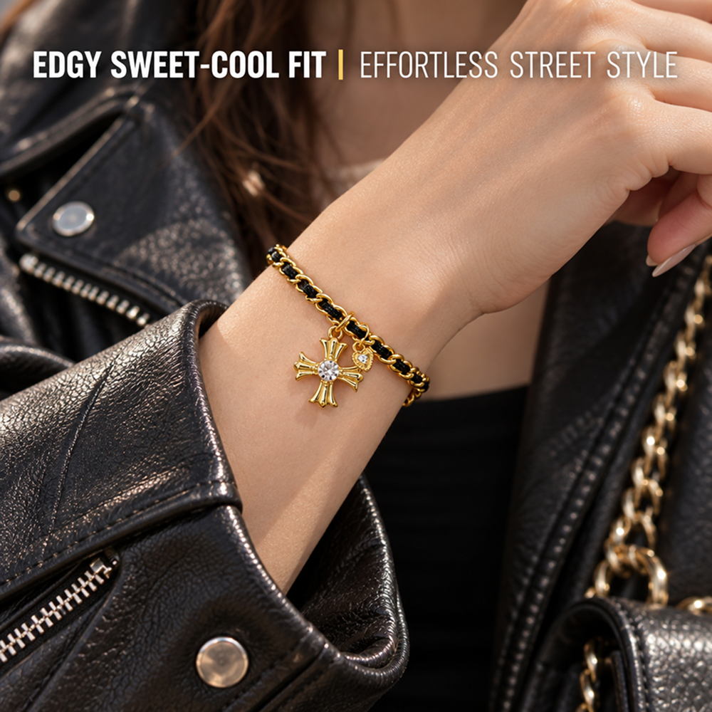 black cord and gold-tone cross charm bracelet with adjustable extender