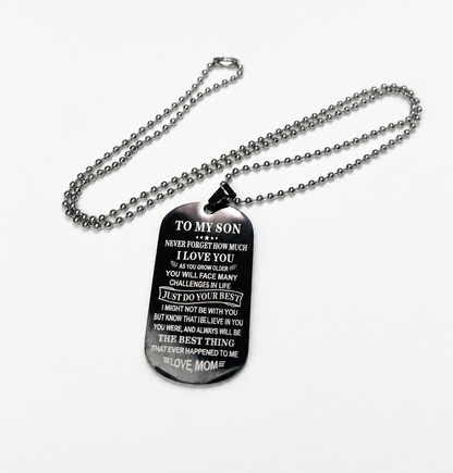 Engraved Dog Tag Necklace for Son from Mom Stainless Steel Military ID Card Pendant Inspirational Message Charm Long Ball Bead Chain Birthday Graduation Gift for Boys Men Black Silver 23.6" 20g