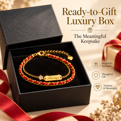 Women's Red Cord and Gold-Tone Double-Layer Bracelet with Always Message Bar and Adjustable Extender