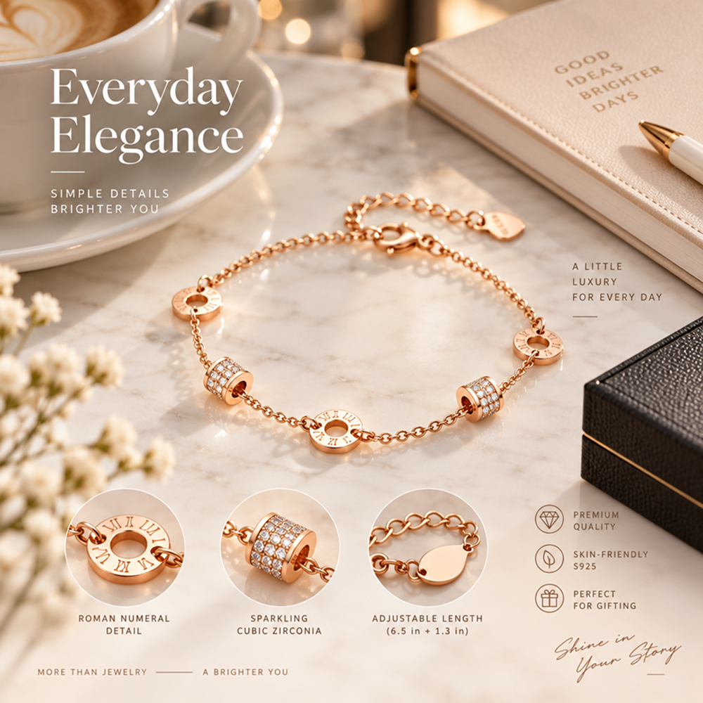 women's rose gold-tone electroplated brass roman numeral bracelet with double barrel beads