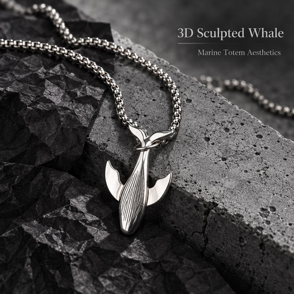 titanium steel whale fall pendant necklace for men unisex vintage silver humpback whale tail charm long box chain sweater necklace hip hop streetwear minimalist ocean jewelry aesthetic gift 27.5 inches