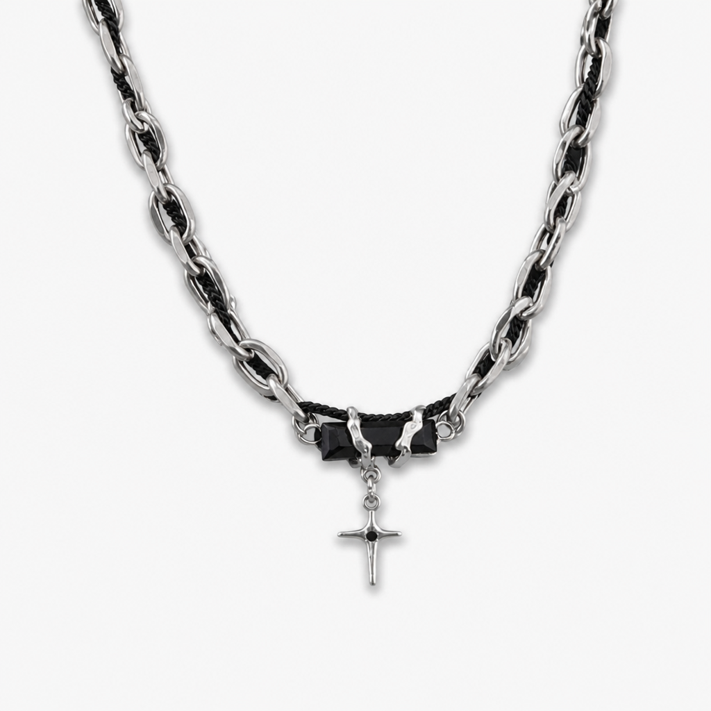 men's starburst pendant necklace titanium steel cuban link chain layered hip hop choker black gem cross accent streetwear jewelry gift for men male accessories
