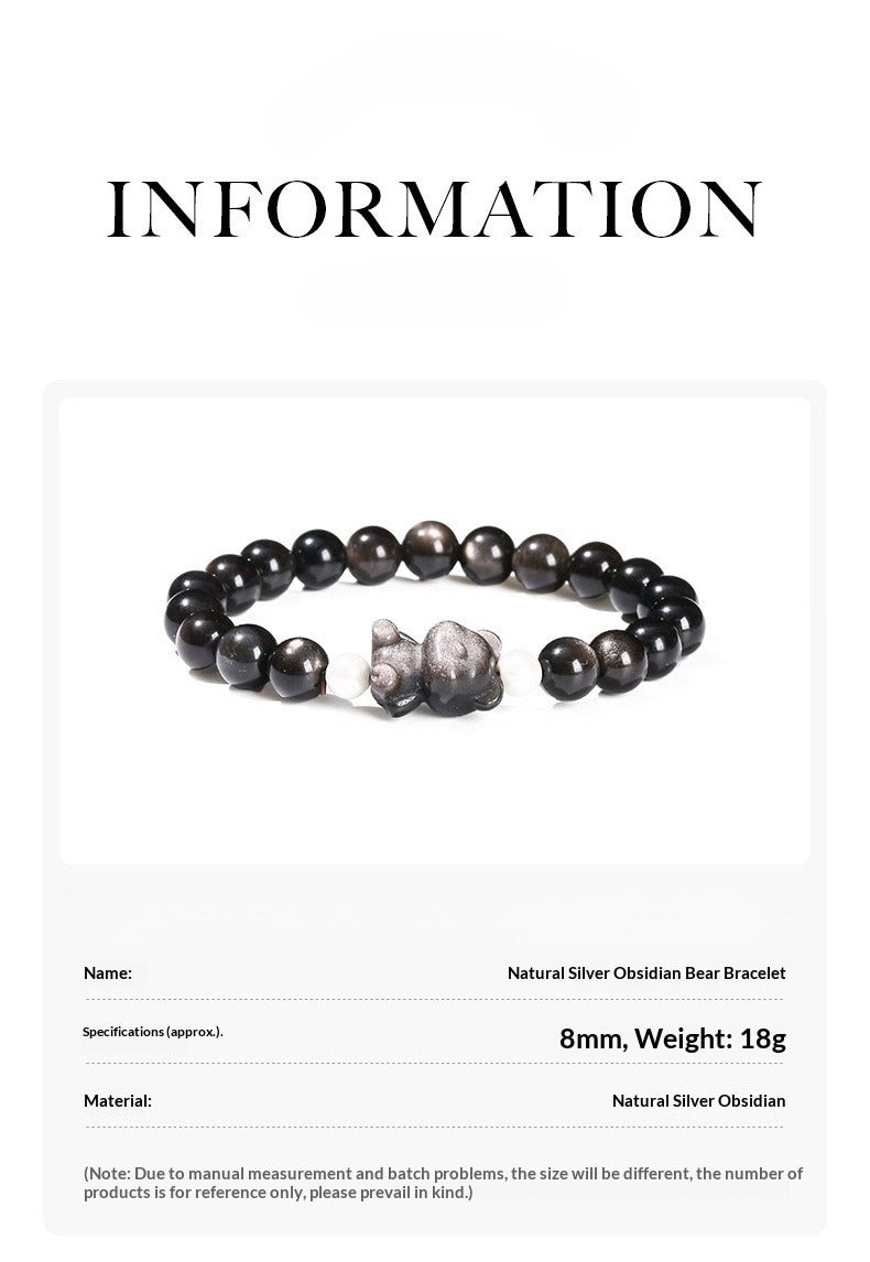 silver obsidian bear bracelet – minimalist black gemstone beaded bracelet for men & women - star8s