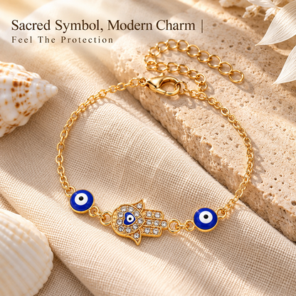 Women's Gold-Tone Evil Eye Bracelet with Hand Charm and Adjustable Extender