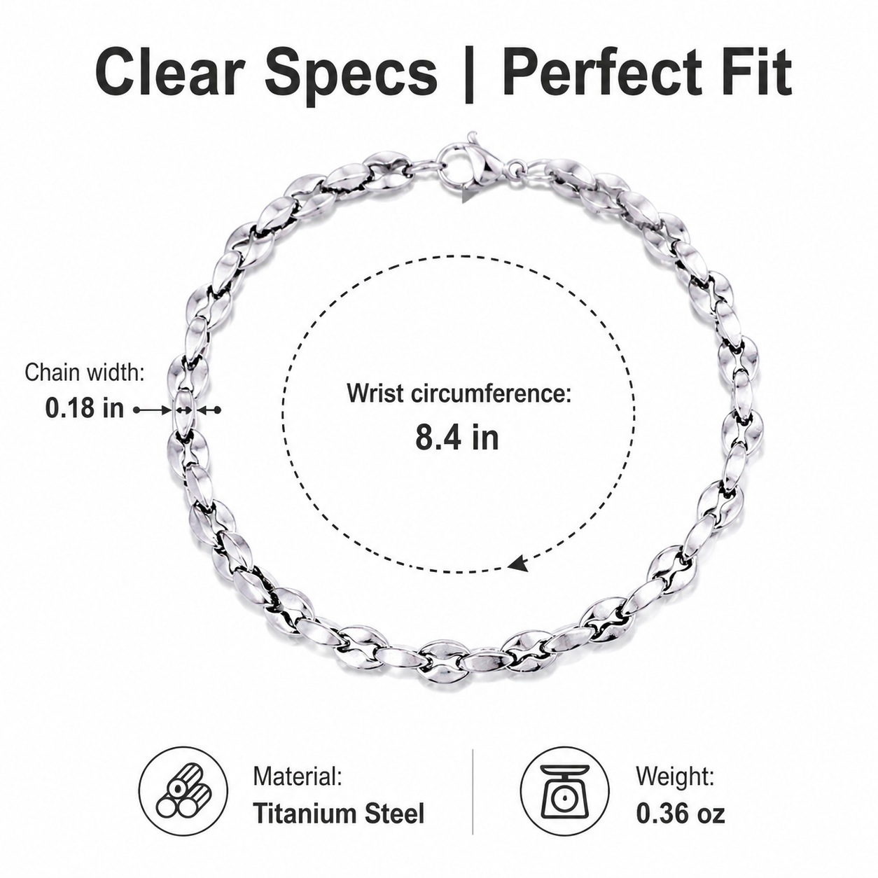 men titanium steel coffee bean chain bracelet non tarnish waterproof silver-tone stainless steel link wristband modern minimalist everyday jewelry gift for men husband boyfriend