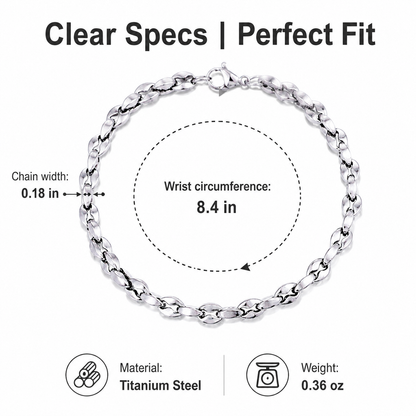 Men Titanium Steel Coffee Bean Chain Bracelet Non Tarnish Waterproof Silver-tone Stainless Steel Link Wristband Modern Minimalist Everyday Jewelry Gift for Men Husband Boyfriend