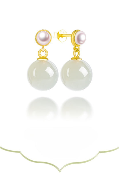 Elegant Hetian Jade & Pearl Stud Earrings | S925 Silver Inlay | Stylish and Simple Design