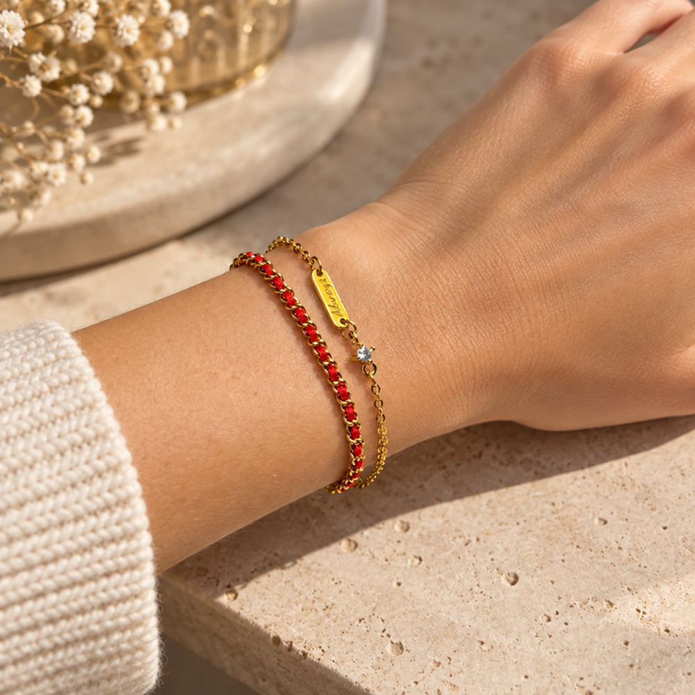 women's red cord and gold-tone double-layer bracelet with always message bar and adjustable extender