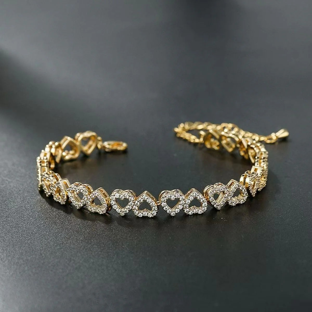 gold tone heart bracelet for women teen girls full pavé crystal rhinestone interlocking heart link charm bangle adjustable extension chain western fashion luxury romantic jewelry anniversary valentine gift