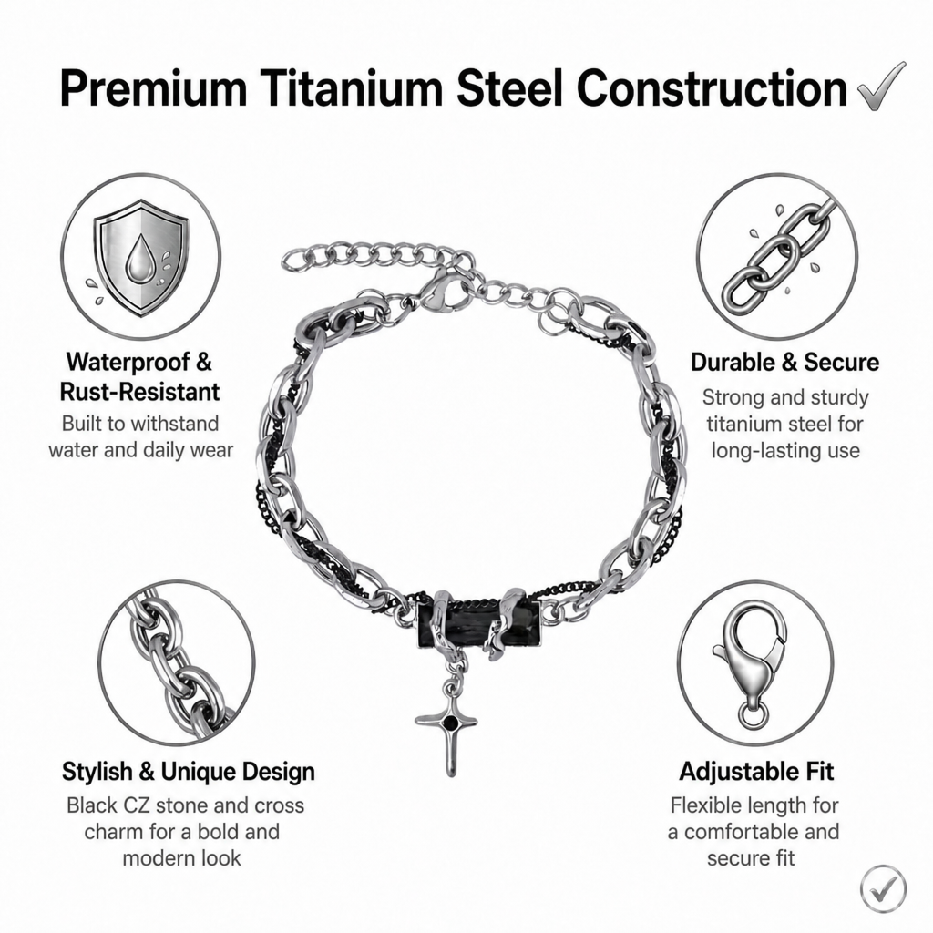 titanium steel black cubic zirconia cross chain bracelet for men women layered cable curb link wristband gothic punk cross charm jewelry eboy egirl y2k aesthetic gift