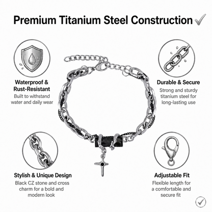 Titanium Steel Black Cubic Zirconia Cross Chain Bracelet for Men Women Layered Cable Curb Link Wristband Gothic Punk Cross Charm Jewelry Eboy Egirl Y2K Aesthetic Gift