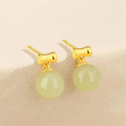 Round Hetian Jade Stud S925 Bamboo Earrings