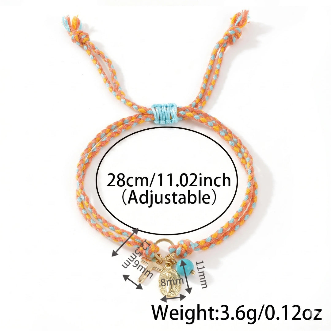 handmade woven cord bracelet for women men cross pendant oval virgin mary miraculous medal adjustable religious protection blessing cotton jewelry gift for her