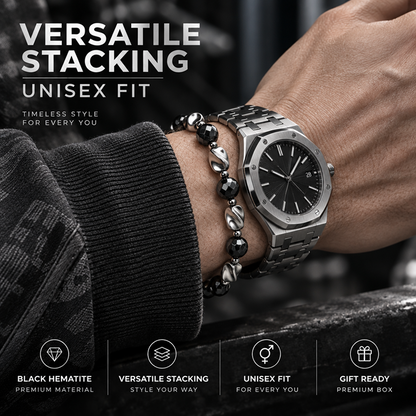 Black Hematite Beaded Bracelet for Men and Women, Geometric Faceted Round Beads with Polished Silver-Tone Twisted Accents, Lobster Clasp and Adjustable Extension Chain, Modern Minimalist Style for Everyday Streetwear, Watch Stacking and Casual Outfit