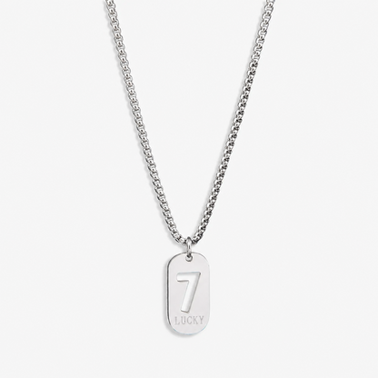 Lucky Number 7 Pendant Necklace for Men Women Premium Titanium Steel Dog Tag Nameplate Hip Hop Punk Streetwear Jewelry Long Box Chain Sweater Necklace Gift