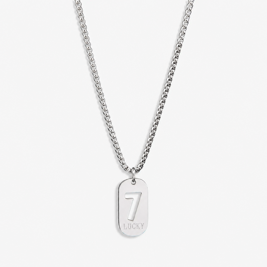 Lucky Number 7 Pendant Necklace for Men Women Premium Titanium Steel Dog Tag Nameplate Hip Hop Punk Streetwear Jewelry Long Box Chain Sweater Necklace Gift