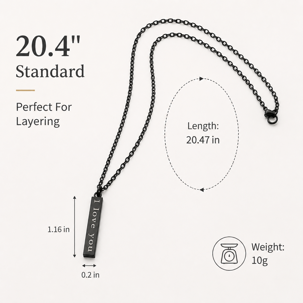 romantic engraved vertical bar pendant necklace for men women black stainless steel i love you forever & always cuboid stick charm minimalist layering cable chain trendy couples relationship promise anniversary gift 20.4" 10g