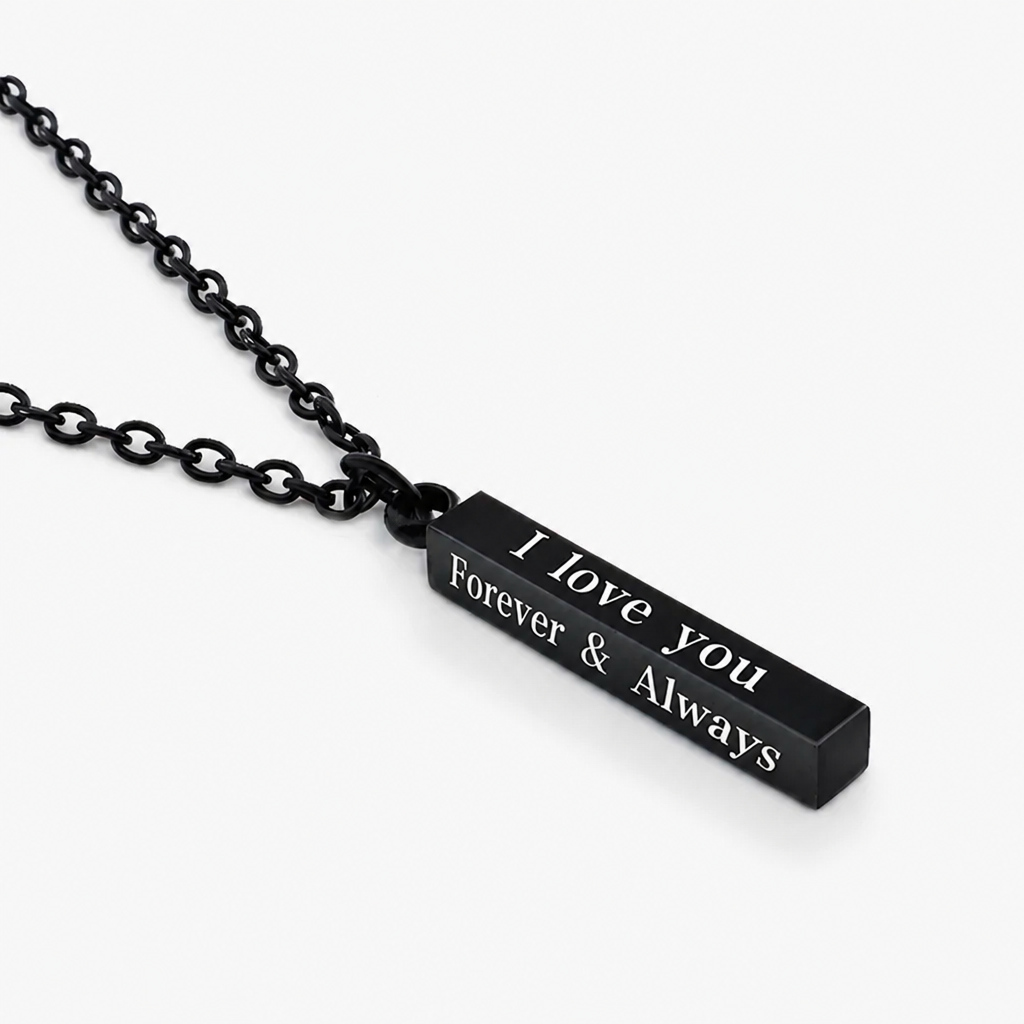 romantic engraved vertical bar pendant necklace for men women black stainless steel i love you forever & always cuboid stick charm minimalist layering cable chain trendy couples relationship promise anniversary gift 20.4" 10g