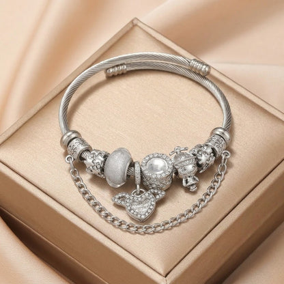 Heart Charm Bracelet for Women White Cupid Heart Charm Bangle Stainless Steel Snake Chain Bracelet with Angel Wings Crystal Resin Beads Fairycore Aesthetic Jewelry Gift for Her