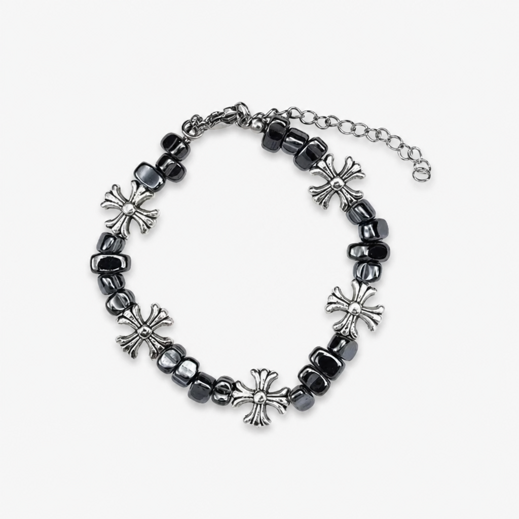 gothic cross beaded bracelet for men women natural black hematite stone irregular tumbled beads bracelet y2k hip hop punk rock wristband retro floral crosses jewelry gif