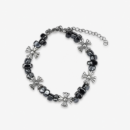 Gothic Cross Beaded Bracelet for Men Women Natural Black Hematite Stone Irregular Tumbled Beads Bracelet Y2K Hip Hop Punk Rock Wristband Retro Floral Crosses Jewelry Gif
