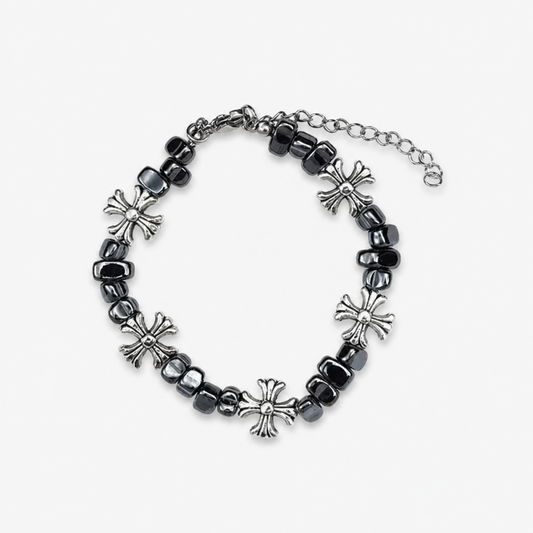 Gothic Cross Beaded Bracelet for Men Women Natural Black Hematite Stone Irregular Tumbled Beads Bracelet Y2K Hip Hop Punk Rock Wristband Retro Floral Crosses Jewelry Gif