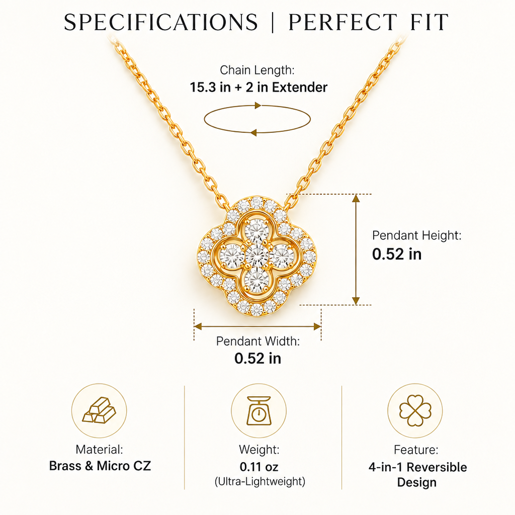 convertible four-leaf clover brass necklace for women – gold-plated lucky crystal pendant, dainty choker with adjustable link chain, valentine's day jewelry gift for her