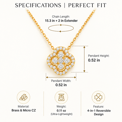 Convertible Four-Leaf Clover Brass Necklace for Women – Gold-Plated Lucky Crystal Pendant, Dainty Choker with Adjustable Link Chain, Valentine's Day Jewelry Gift for Her