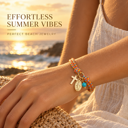 Adjustable Multicolor Braided Bracelet with Copper Cross, Mary Medal and Blue Bead