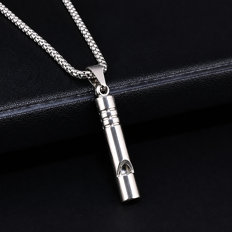 titanium steel functional whistle pendant necklace for men women unisex silver color cylindrical creative whistle streetwear hip hop high street heavy duty long box chain necklaces