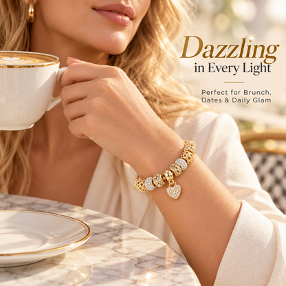 Gold-Tone Heart Charm Bracelet with Decorative Beads and Adjustable Extender
